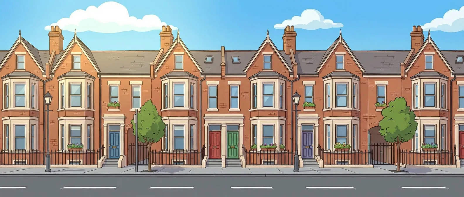 Colourful brick houses, trees and blue sky in an illustrated street