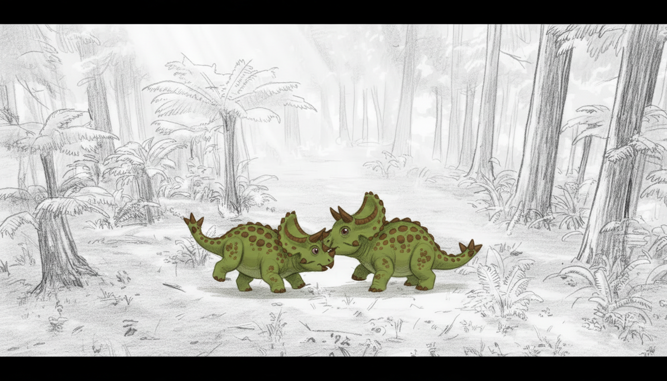 Two green dinosaur siblings facing each other in a pencil-drawn forest