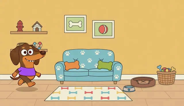 A dachshund in a yellow room, take 3
