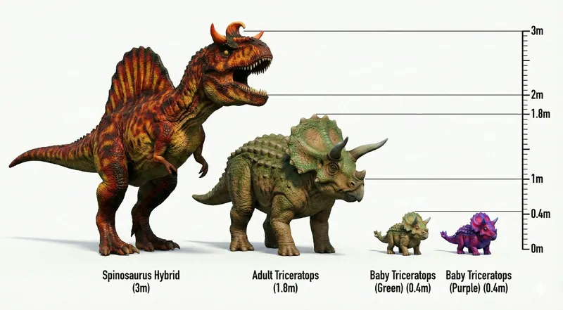 Four dinosaurs compared against a shared height scale